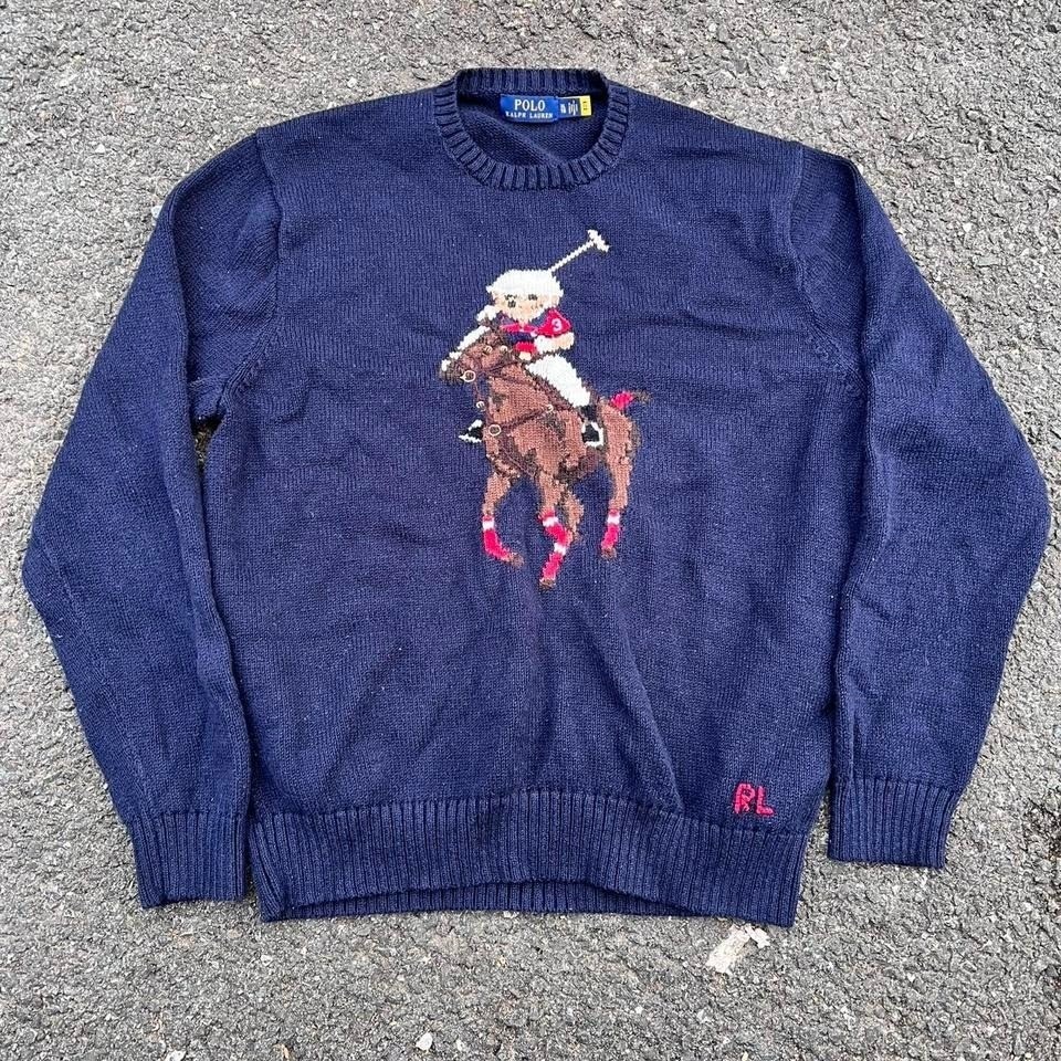 1990s Polo Ralph Lauren Stadium Big Pony Equestrian Polo Bear Knit Sweater Sz Xl
